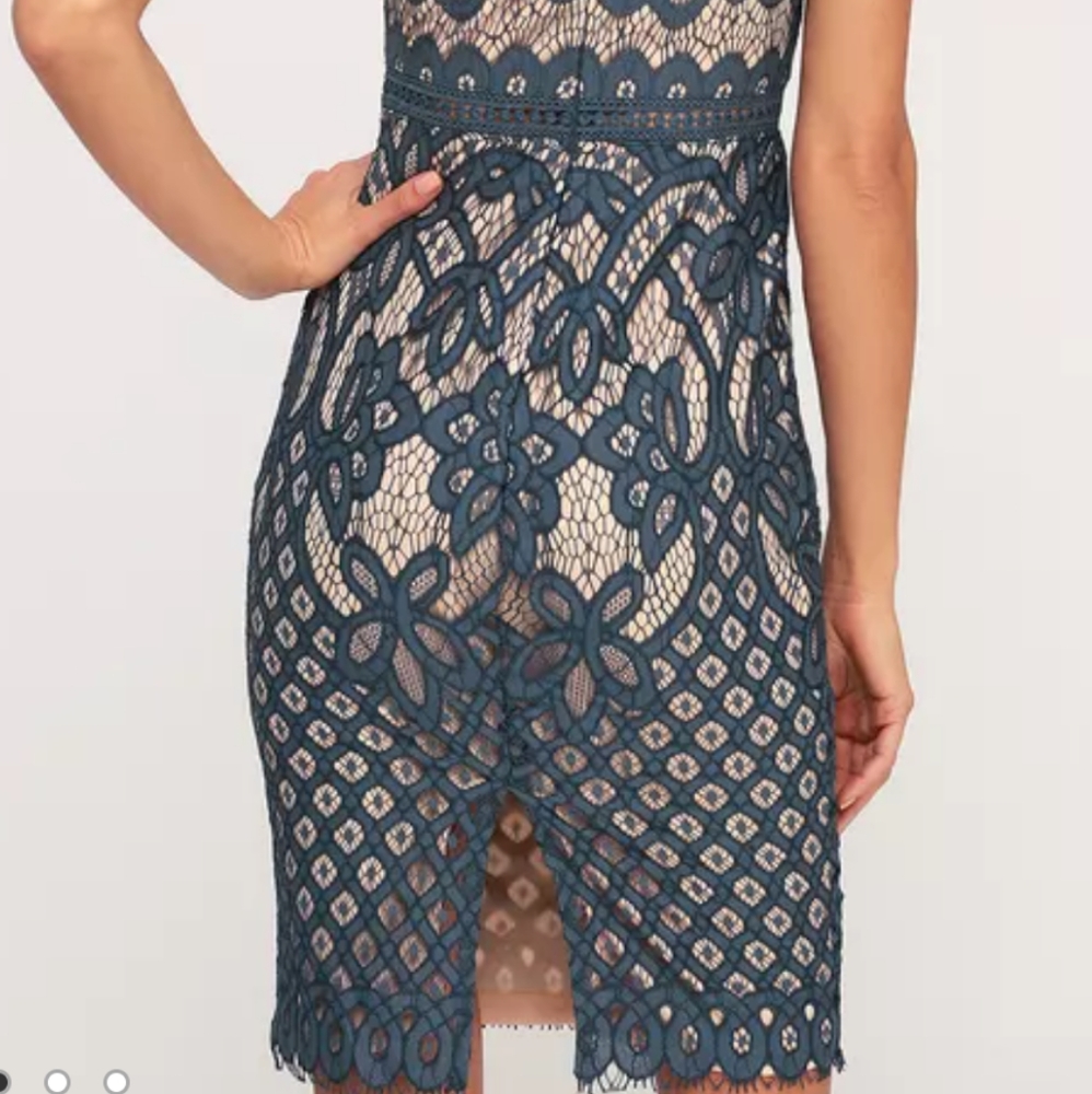 Lulu's Adra Dusty Blue Lace Midi Dress